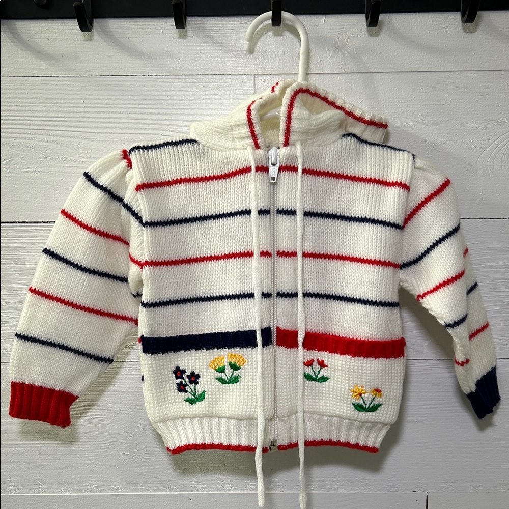 Carriage Boutiques by Friendknit Creations Vintage Hooded Sweater Red BlueStripe
